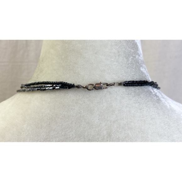 Triple strand black rainbow iridescent and matte bead necklace sterling clasp - Picture 3 of 6